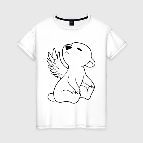 Женская футболка с принтом Белый мишка с крыльями, вид спереди #2