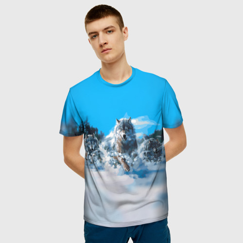 Мужская 3D футболка с принтом Волчья охота, фото на моделе #1