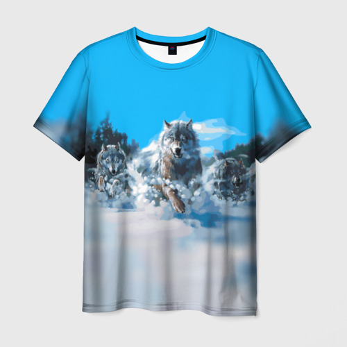 Мужская 3D футболка с принтом Волчья охота, вид спереди #2