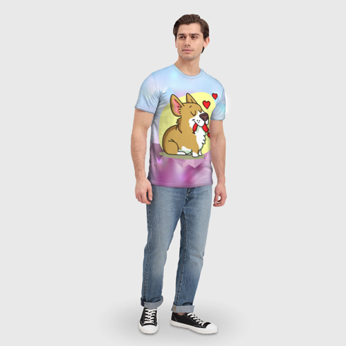 Мужская 3D футболка с принтом Корги мальчик, вид сбоку #3