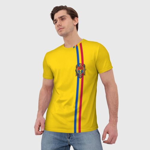 Мужская 3D футболка с принтом Молдавия, лента с гербом, фото на моделе #1