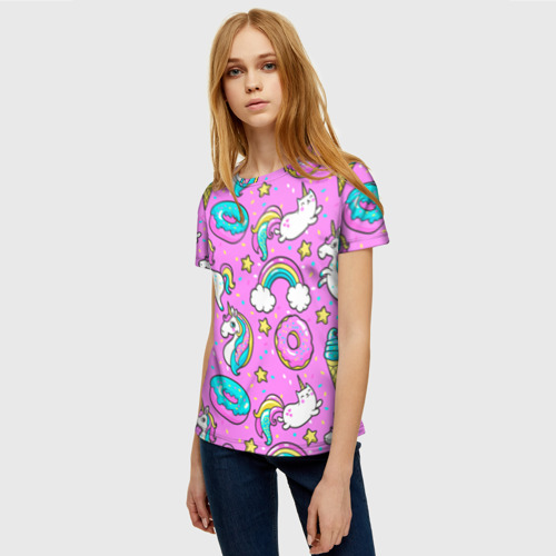Женская 3D футболка с принтом Котики и Единороги, фото на моделе #1
