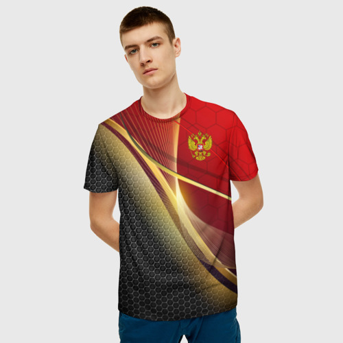 Мужская 3D футболка с принтом RUSSIA SPORT: Red and Black, фото на моделе #1