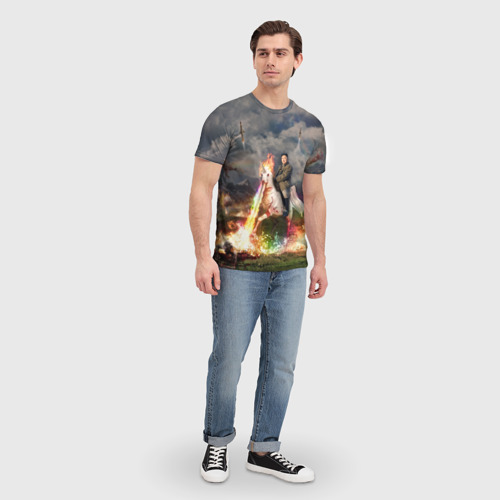 Мужская 3D футболка с принтом Ким чен ын на Единороге, вид сбоку #3