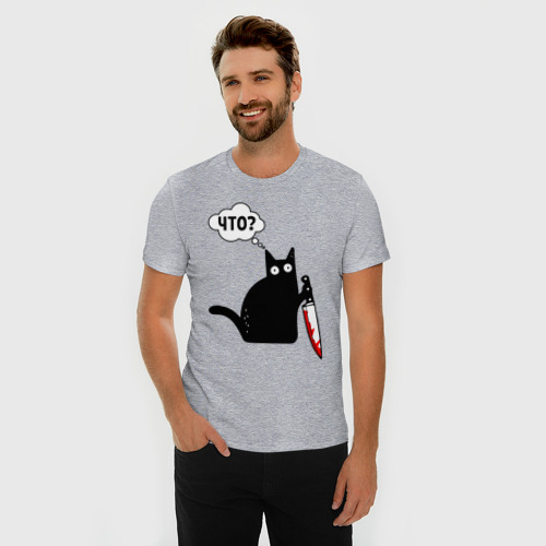 Мужская футболка премиум с принтом Кот с ножом, фото на моделе #1