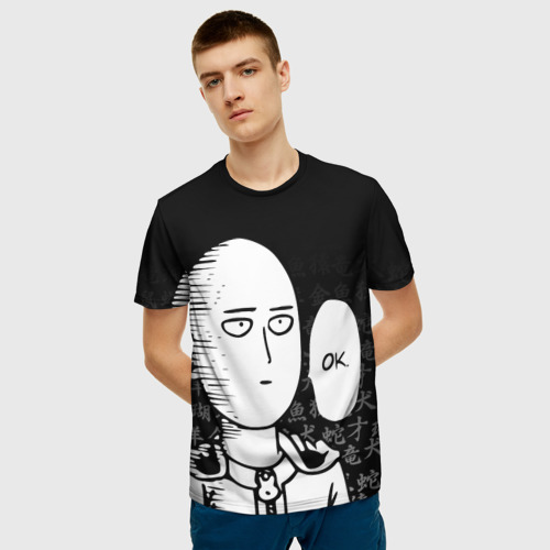 Мужская 3D футболка с принтом САЙТАМА НА ФОНЕ ИЕРОГЛИФОВ / SAITAMA OKEY!, фото на моделе #1
