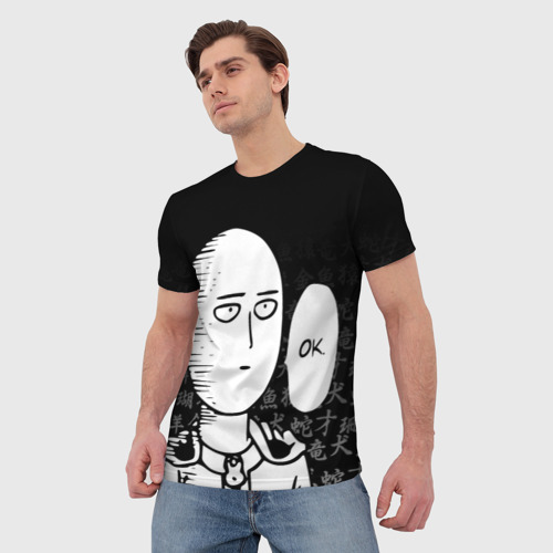 Мужская 3D футболка с принтом САЙТАМА НА ФОНЕ ИЕРОГЛИФОВ / SAITAMA OKEY!, вид сбоку #3