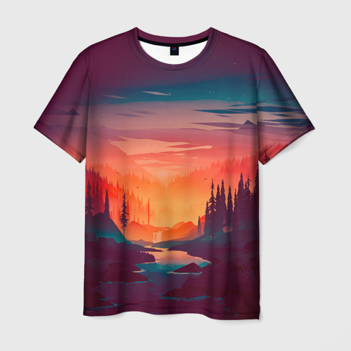 Мужская 3D футболка с принтом Minimal forest sunset, вид спереди #2