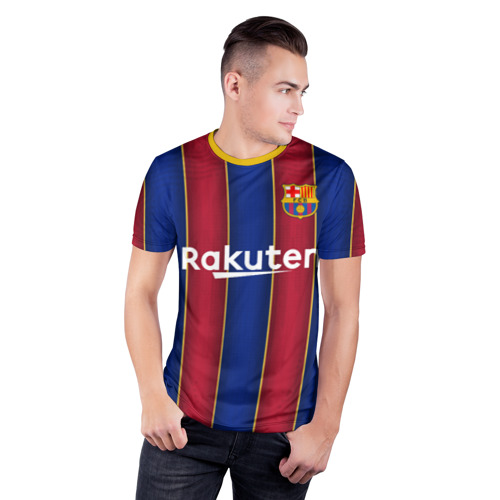 Мужская футболка 3D спортивная с принтом Messi home 20-21, фото на моделе #1