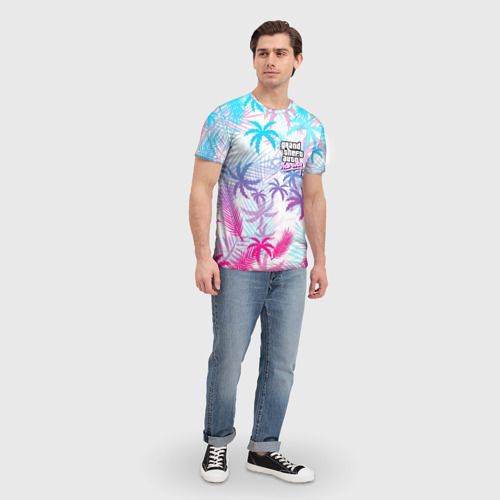 Мужская 3D футболка с принтом GTA VICE CITY | ГТА ВАЙС СИТИ | NEON PALMS, вид сбоку #3