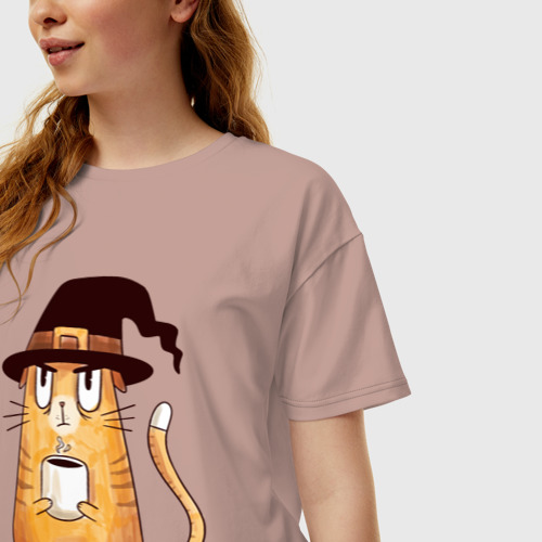 Женская футболка oversize с принтом Сердитый котик с кофе, фото на моделе #1