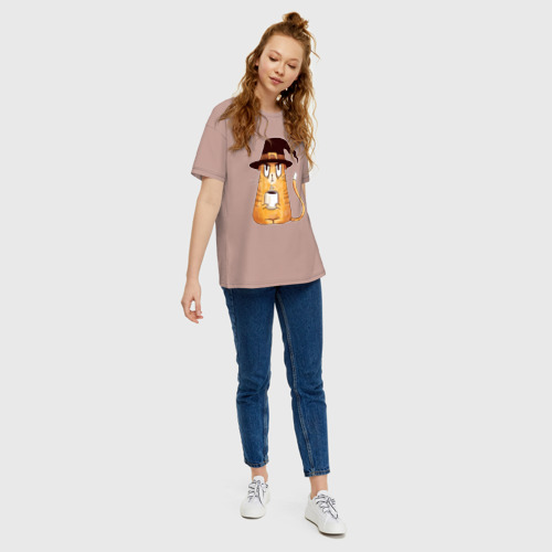 Женская футболка oversize с принтом Сердитый котик с кофе, вид сбоку #3