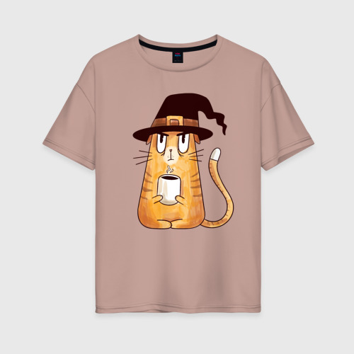 Женская футболка oversize с принтом Сердитый котик с кофе, вид спереди #2