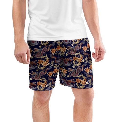 Мужские шорты 3D спортивные с принтом Драконы и цветы, фото на моделе #1