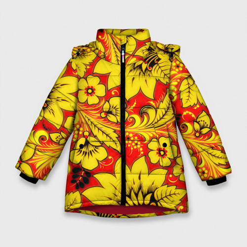 Зимняя куртка для девочек 3D с принтом Хохлома, вид спереди #2