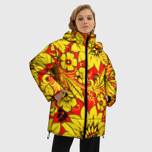 Женская зимняя куртка 3D с принтом Хохлома, фото на моделе #1