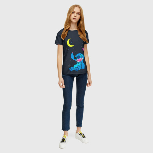 Женская 3D футболка с принтом Стич под луной, вид сбоку #3