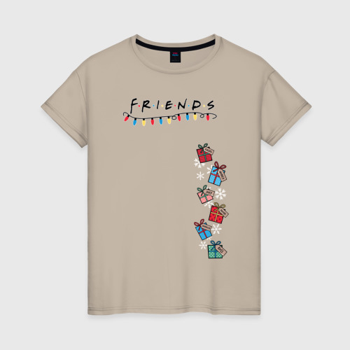 Женская футболка с принтом Friends Подарки и снег, вид спереди #2