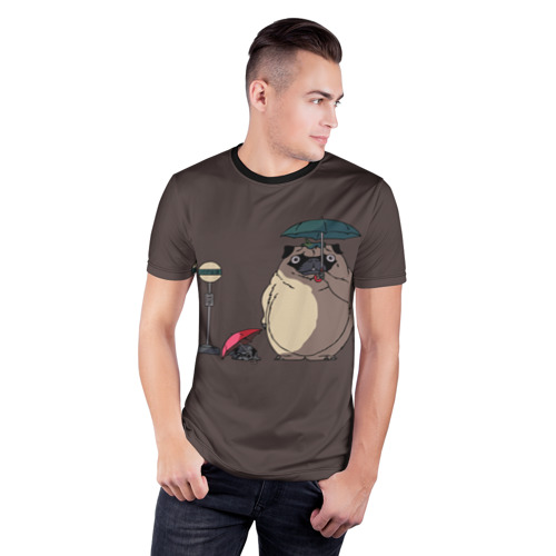 Мужская футболка 3D спортивная с принтом Мопсы на остановке в стиле Тоторо, фото на моделе #1