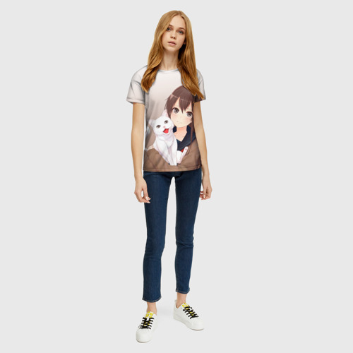 Женская 3D футболка с принтом Девочка и белый кот аниме, вид сбоку #3