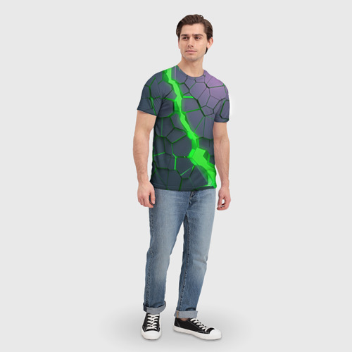 Мужская 3D футболка с принтом Зеленый разлом плит в трехмерном, вид сбоку #3