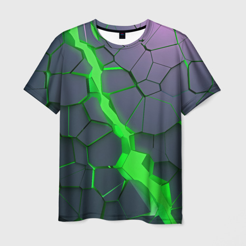 Мужская 3D футболка с принтом Зеленый разлом плит в трехмерном, вид спереди #2