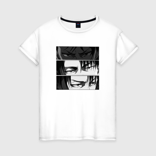 Женская футболка с принтом Леви Аккерман/атака титанов, вид спереди #2