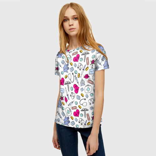 Женская 3D футболка с принтом Медицинский паттерн, фото на моделе #1