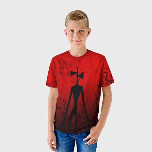 Детская 3D футболка с принтом СИРЕНОГОЛОВЫЙ В ТЁМНОМ ЛЕСУ, фото на моделе #1