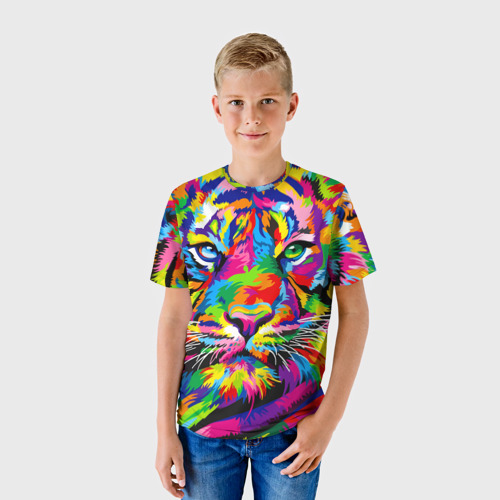 Детская 3D футболка с принтом Тигр в стиле поп-арт, фото на моделе #1