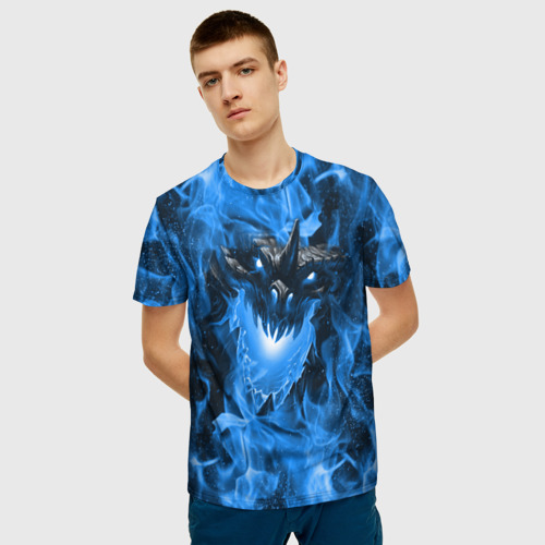 Мужская 3D футболка с принтом Дракон в синем пламени / Dragon in blue flame, фото на моделе #1