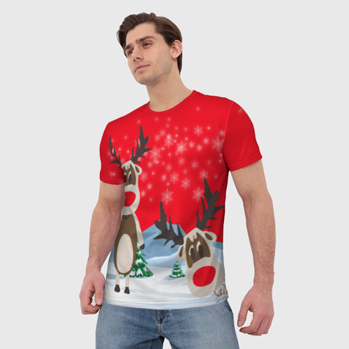 Мужская 3D футболка с принтом Олени с Новым годом, фото на моделе #1