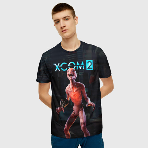 Мужская 3D футболка с принтом XCOM пришелец, фото на моделе #1