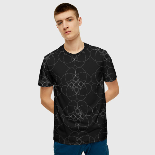 Мужская 3D футболка с принтом Цветочный орнамент (белый на черном), фото на моделе #1