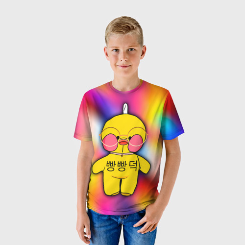 Детская 3D футболка с принтом Лалафанфан / Lalafanfan Duck, фото на моделе #1