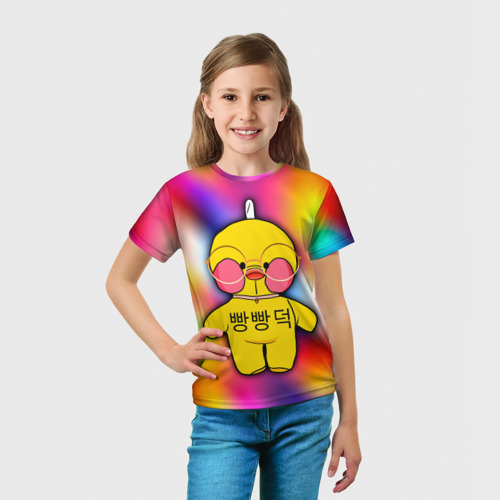 Детская 3D футболка с принтом Лалафанфан / Lalafanfan Duck, вид сбоку #3