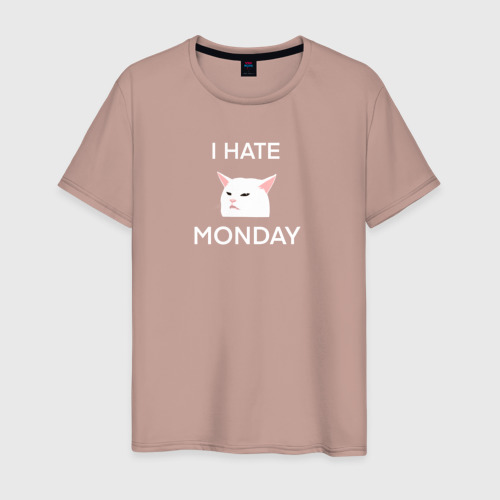 Мужская футболка с принтом I hate monday текст с котом, вид спереди #2