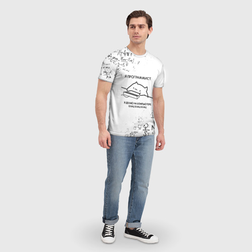 Мужская 3D футболка с принтом КОТ ПРОГРАММИСТ /  ФОРМУЛЫ, вид сбоку #3