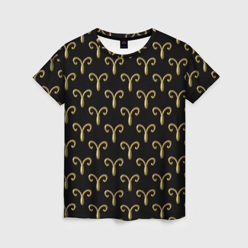 Женская 3D футболка с принтом Золотой овен на черном фоне Паттерн, вид спереди #2