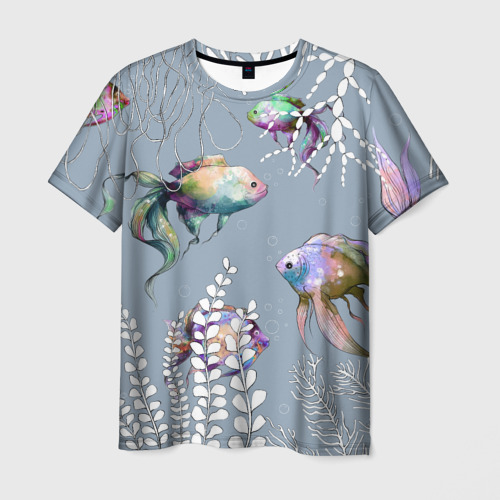 Мужская 3D футболка с принтом Разноцветные акварельные рыбки и белые  водоросли, вид спереди #2