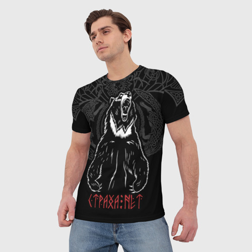 Мужская 3D футболка с принтом Страха нет - рычащий медведь, фото на моделе #1