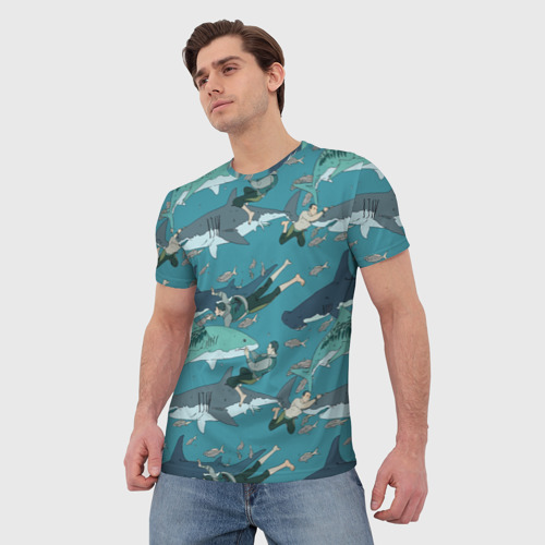 Мужская 3D футболка с принтом Ныряльщики и акулы - паттерн, фото на моделе #1