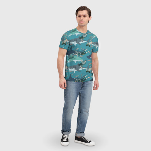 Мужская 3D футболка с принтом Ныряльщики и акулы - паттерн, вид сбоку #3