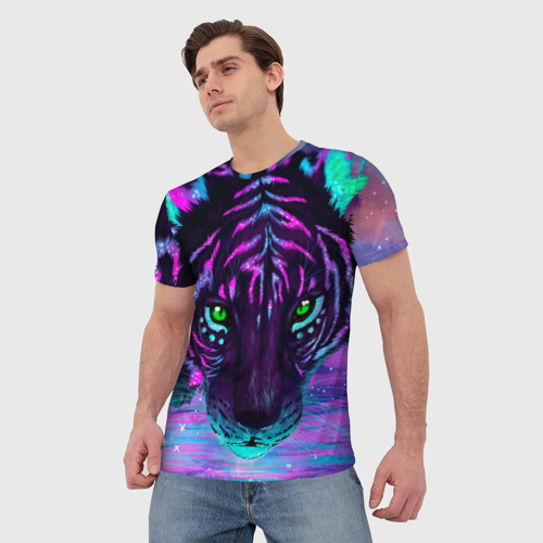 Мужская 3D футболка с принтом Светящийся неоновый тигр, фото на моделе #1