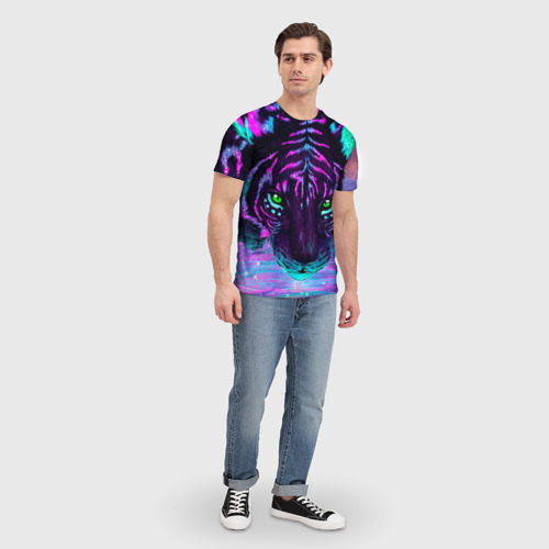 Мужская 3D футболка с принтом Светящийся неоновый тигр, вид сбоку #3