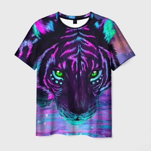 Мужская 3D футболка с принтом Светящийся неоновый тигр, вид спереди #2