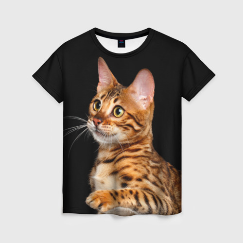 Женская 3D футболка с принтом Бенгальский котёнок на чёрном фоне, вид спереди #2