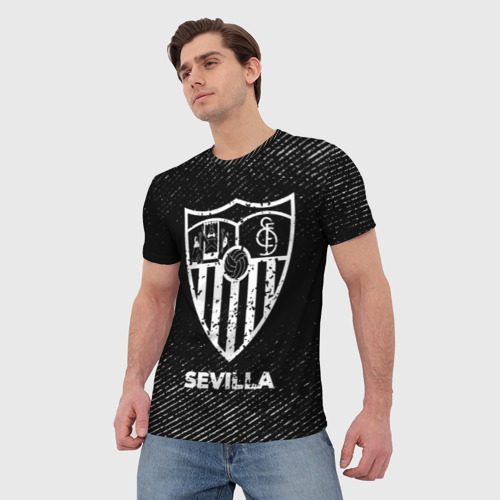 Мужская 3D футболка с принтом Sevilla с потертостями на темном фоне, фото на моделе #1