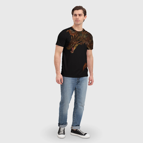 Мужская 3D футболка с принтом Летящий дракон в темноте, вид сбоку #3