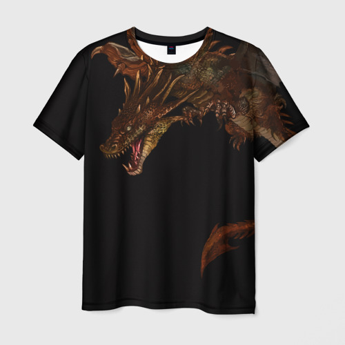 Мужская 3D футболка с принтом Летящий дракон в темноте, вид спереди #2